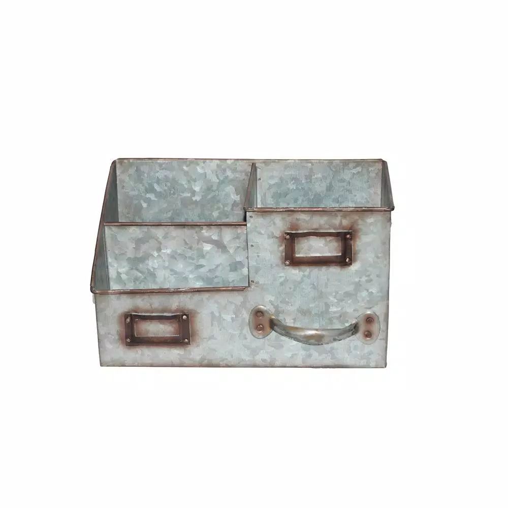 Benzara 3-Bin Galvanized Metal Tissue Box and Organizer with Label Slots