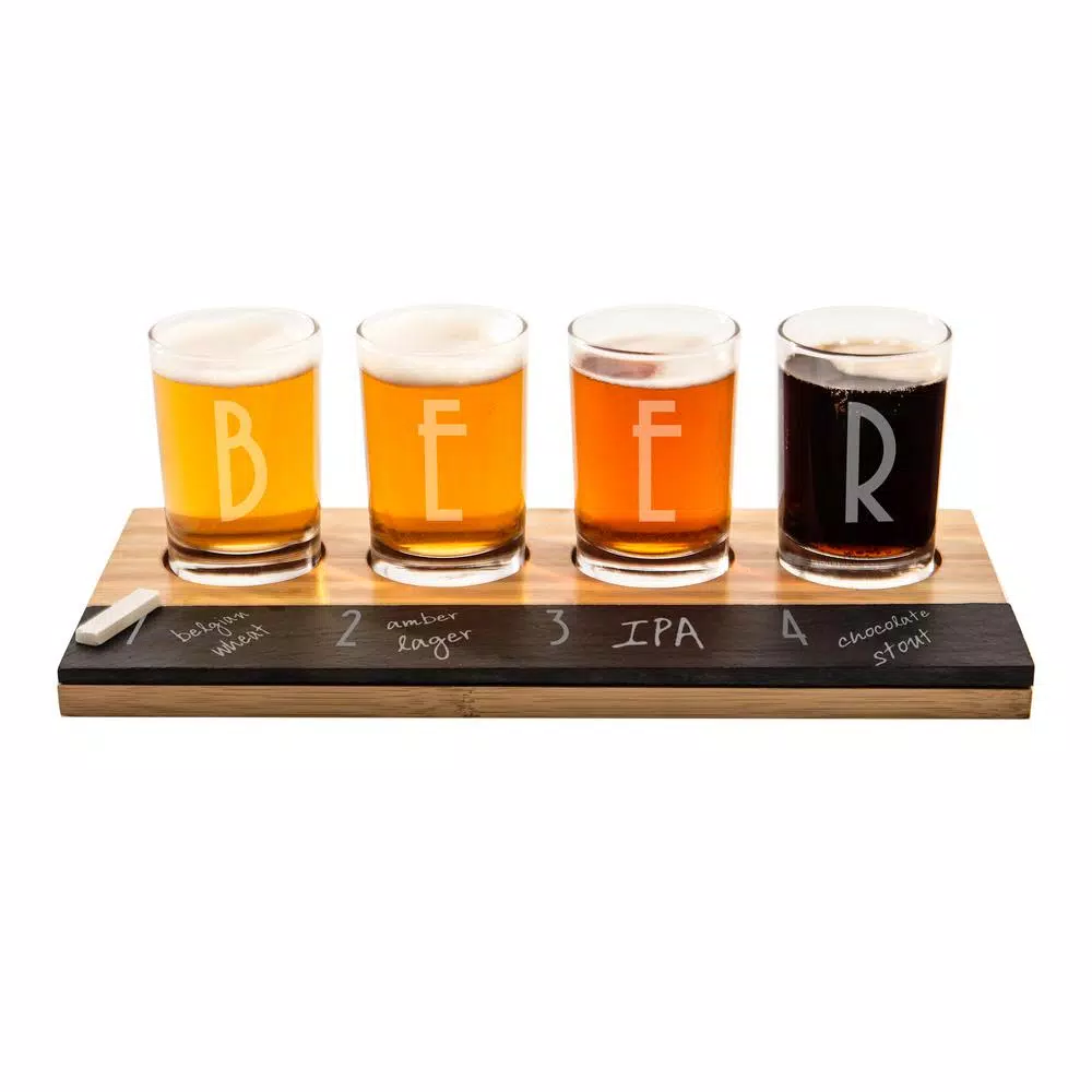 Cathy's Concepts Bamboo and Slate Craft Beer Tasting Flight Set with 4 Engraved 5.5 oz. Taster Glasses