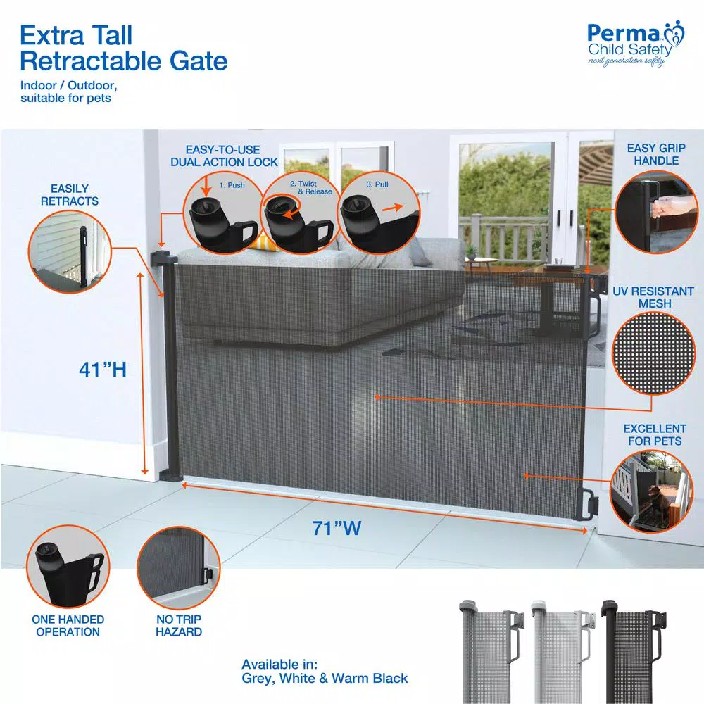Perma Child Safety Extra-Tall and Extra-Wide Outdoor Retractable Gate, 41 in. H x 71 in. W, Black