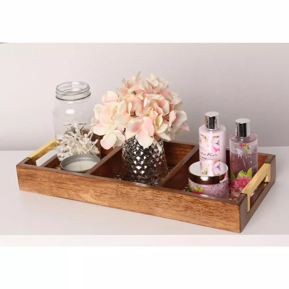 Kate and Laurel Hanneli Gold and Walnut Wood Divided Decorative Tray with 3 Sections