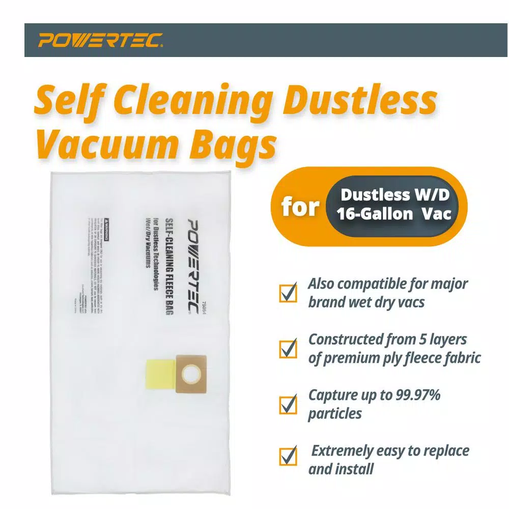 POWERTEC 5-Ply Fleece Replacement Vacuum Bags for Dustless Technologies 16 Gal. Wet/Dry Vacs (3-Pack)
