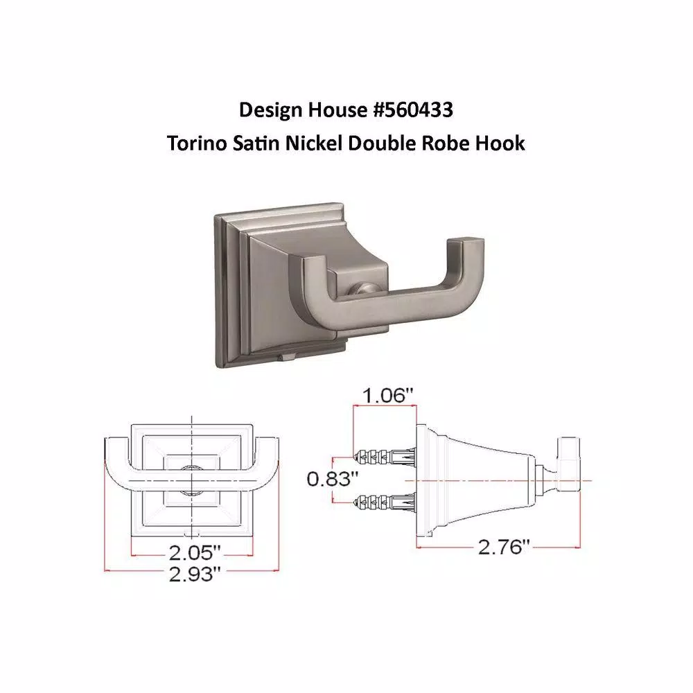 Design House Torino Double Robe Hook in Satin Nickel