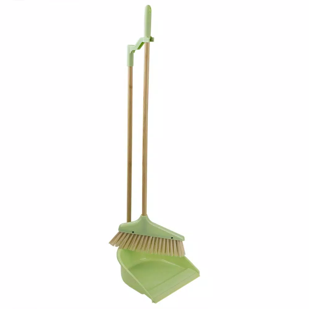 Home Basics 10 in. Green Bamboo Broom and Dustpan Set with Angled Nylon Bristles