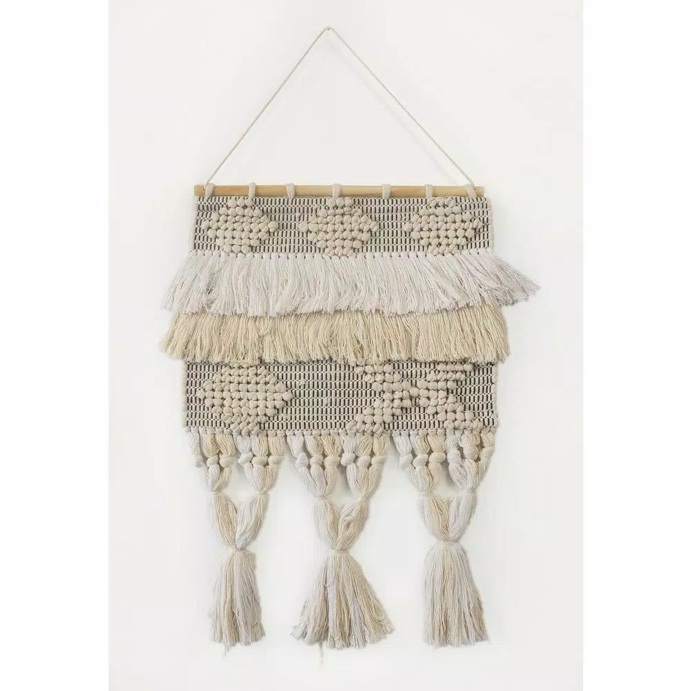 LR Home Bohemian Neutral Ivory Tasseled Wall Tapestry - Hand Woven Cotton Wall Hanging