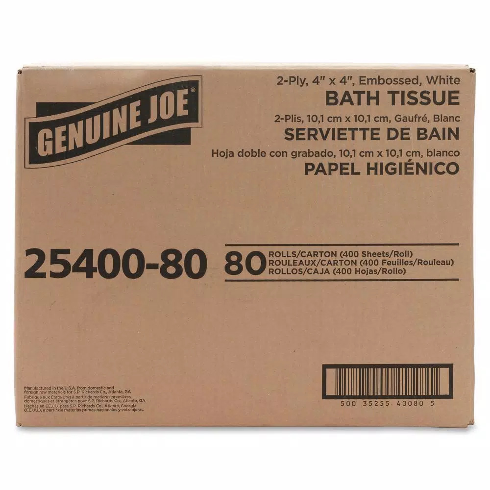 Genuine Joe Standard 2-Ply Embossed Bath Tissue, 400 Sheets per Roll, 80 Rolls Pack