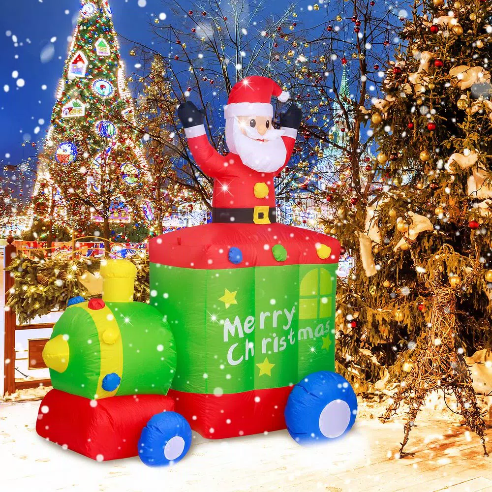 JOYDECOR 6 ft. Santa Claus on Train Christmas Inflatable with Built-in LED Lights