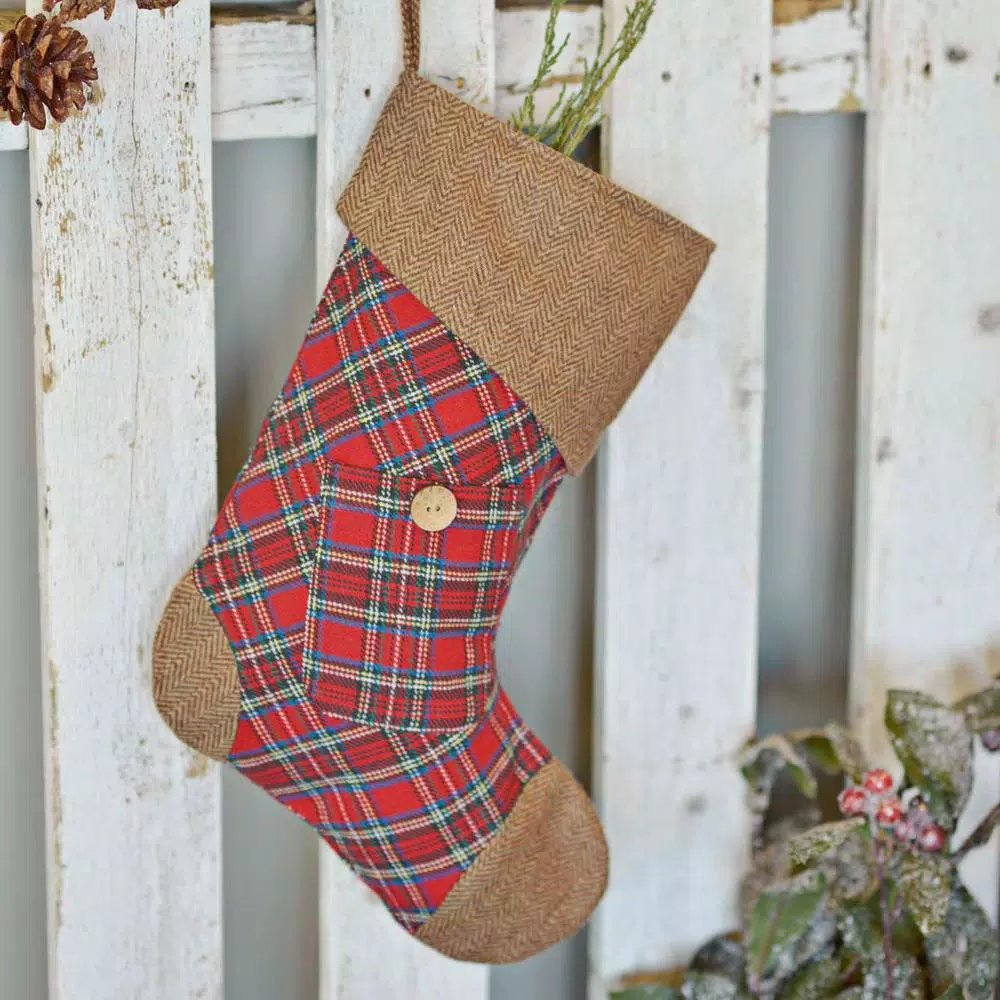 VHC Brands 15 in. Gavin Cherry Red Plaid Cotton Christmas Stocking with Herringbone Felt Accents