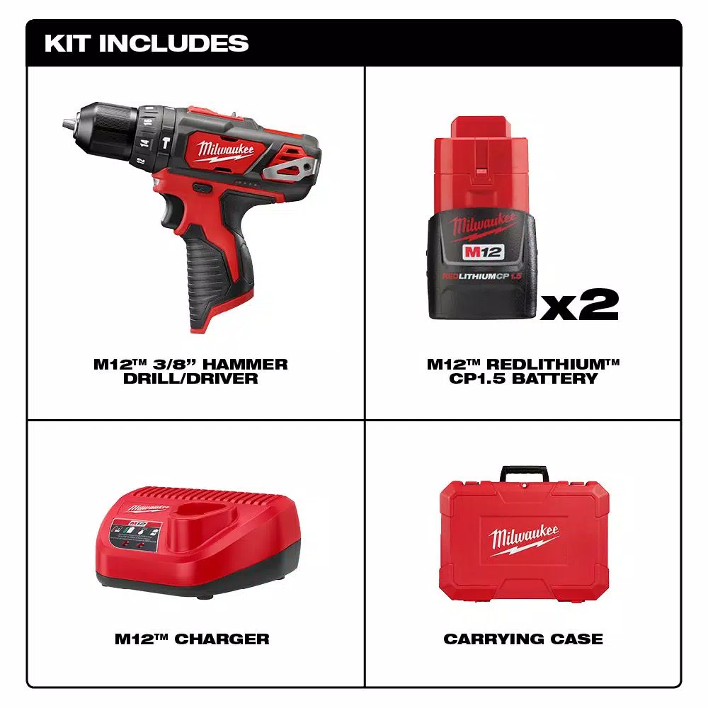Milwaukee M12 12V Lithium-Ion Cordless 3/8 in. Hammer Drill/Driver Kit with Two 1.5 Ah Batteries and Hard Case