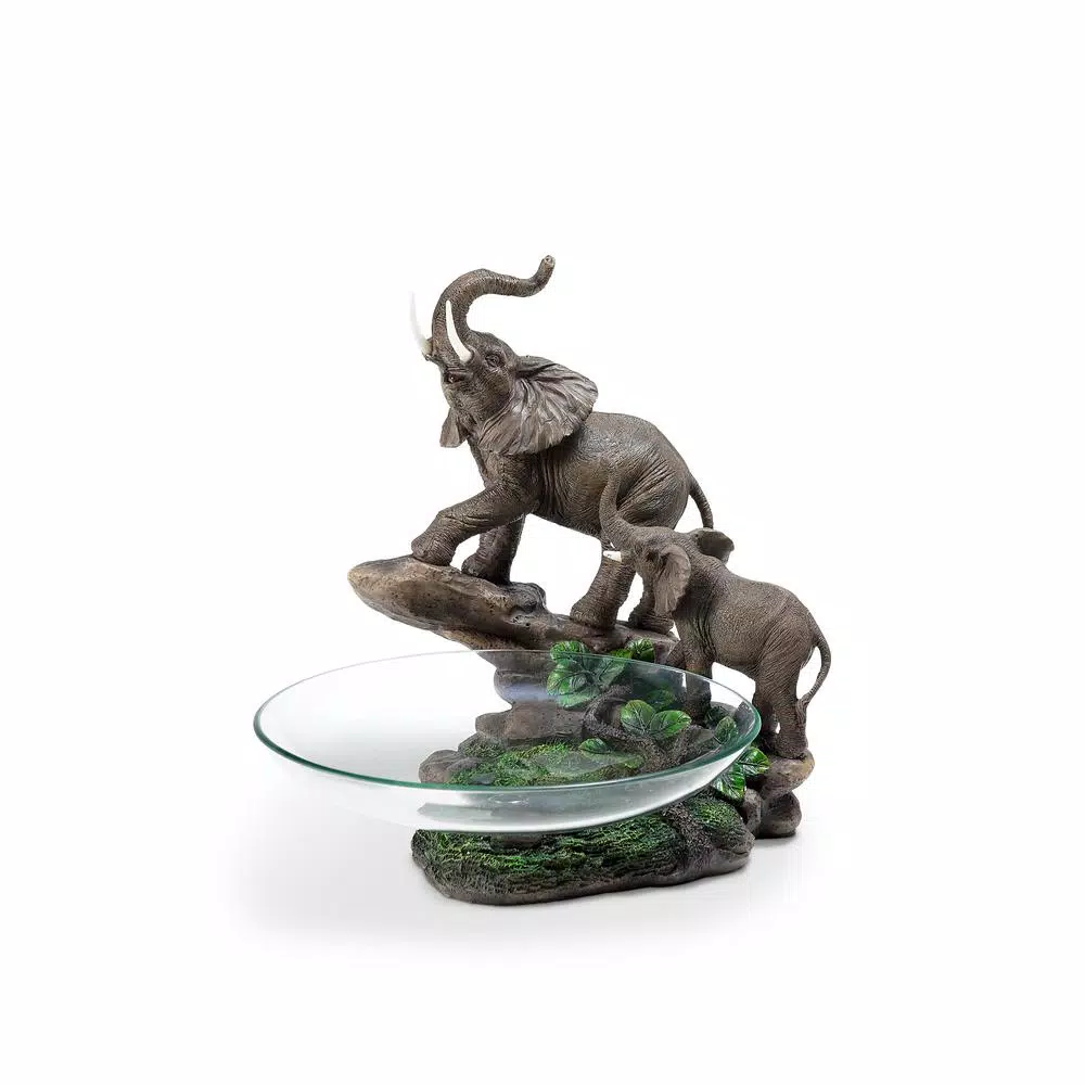 ORE International 10.5 in. Elephant Resin Candy Dish with Glass Bowl - Mother and Calf Sculpture