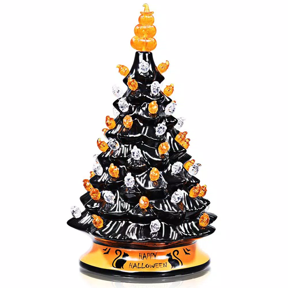 Costway 15 in. Black Ceramic Hand-Painted Halloween Tree with LED Lights and Pumpkin Top