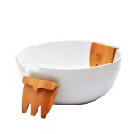 Unbranded 3-Piece White Porcelain Salad Bowl Set with Bamboo Servers thumbnail 2