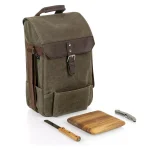 Picnic Time Khaki Green Waxed Canvas 2-Bottle Wine Cooler Bag and Acacia Wood Cheese Board Set thumbnail 2