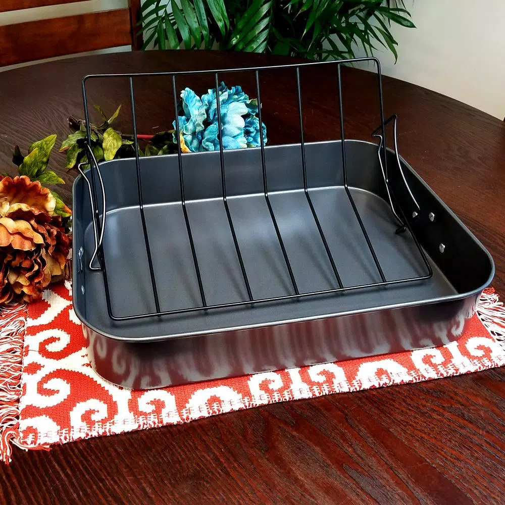 Gibson Home Top Roast Non-Stick Carbon Steel Roasting Pan with Metal Rack, 10 Qt