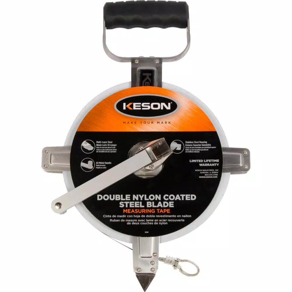 Keson 100 ft. Steel Open Reel Tape Measure, Stainless Steel Housing, Engineer's Long Tape