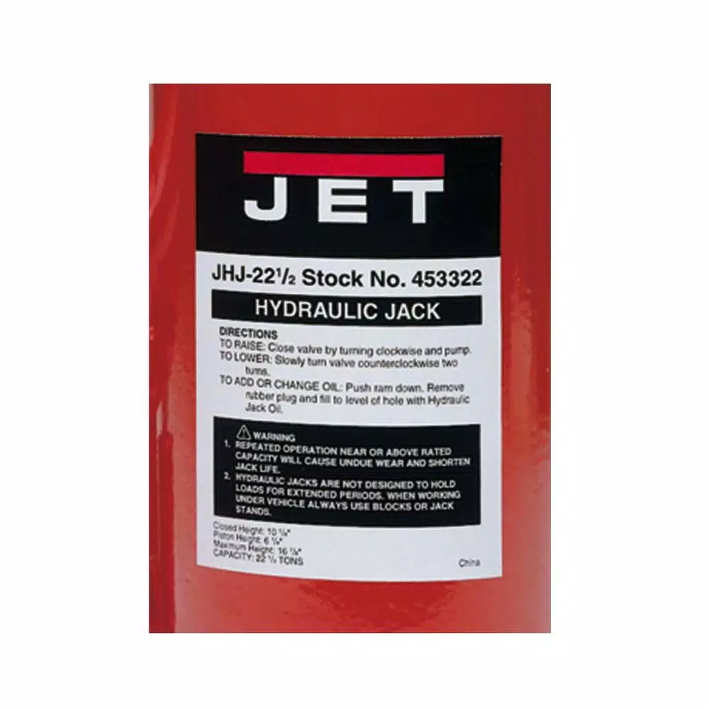 Jet JHJ 22.5-Ton Hydraulic Bottle Jack, Heavy-Duty Steel Lifting Tool