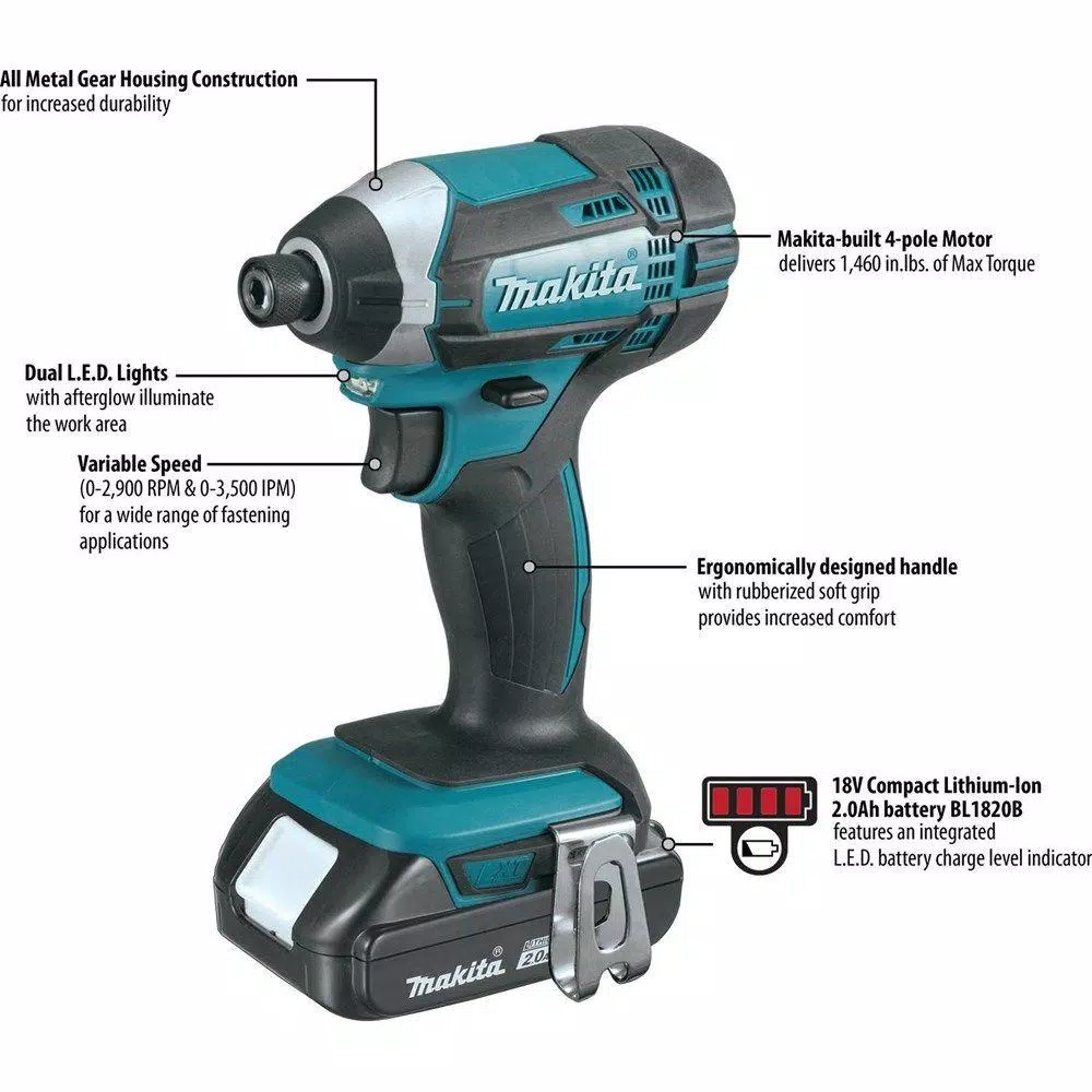 Makita 18V LXT Cordless 1/4 in. Compact Impact Driver Kit with Two 2.0 Ah Batteries, Rapid Charger, and Hard Case