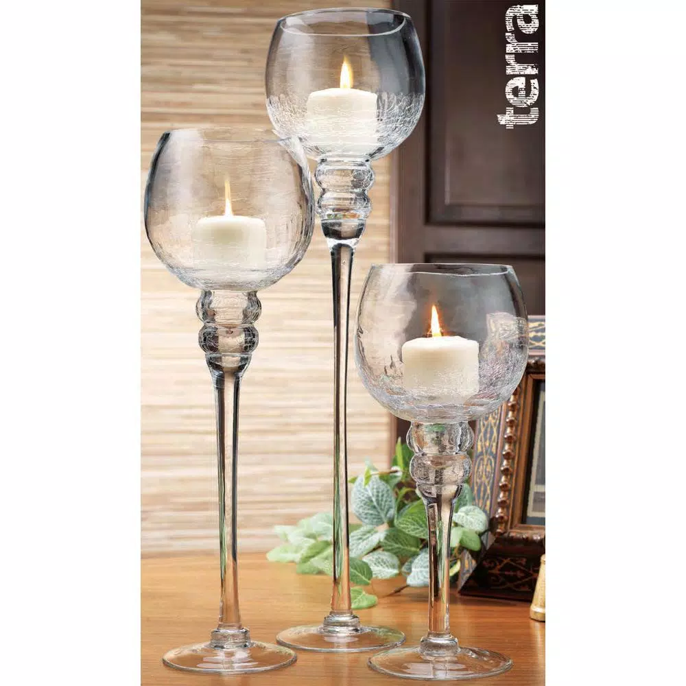 HOME ESSENTIALS AND BEYOND Crackled Glass Footed Hurricane Candle Holder Set of 3, Clear