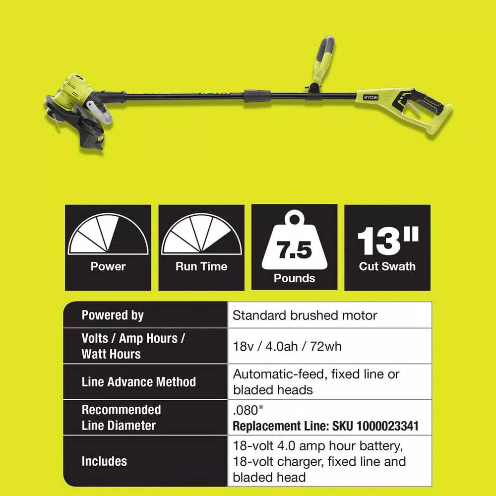 Ryobi ONE+ 18V Lithium-Ion Cordless String Trimmer and Edger with 4.0 Ah Battery and Charger, Refurbished