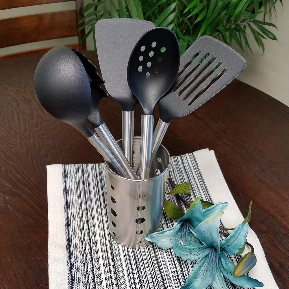 Oster Wrexham 6-Piece Kitchen Utensil Set with Stainless Steel Holder, Heat-Resistant Nylon Heads
