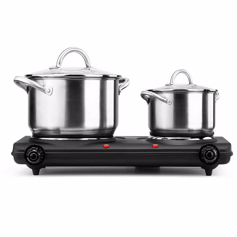 Continental Electric Portable 2-Burner Black Hot Plate with Cast Iron Plates and Adjustable Temperature Controls