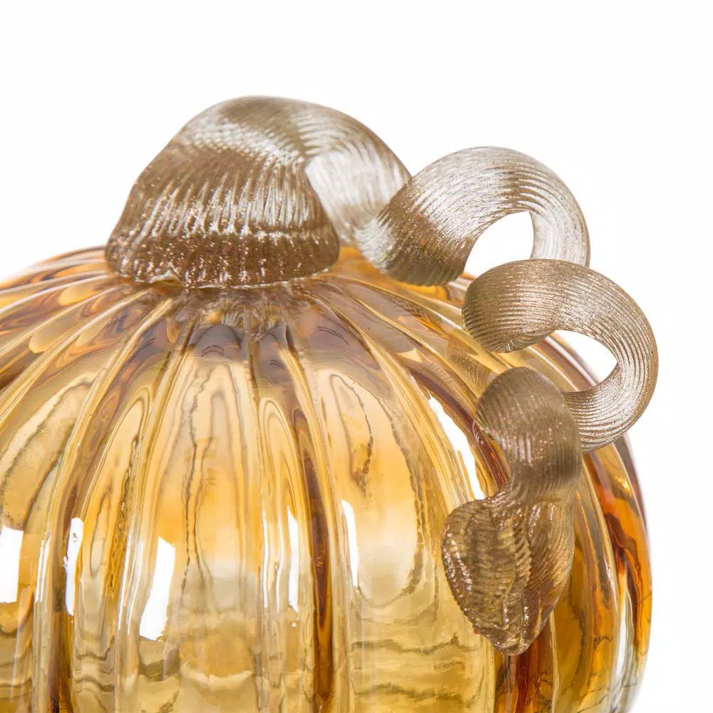 Glitzhome Set of 2 Green and Amber Crackle Glass Short Pumpkins, 4.72 in. Handmade Fall Decor