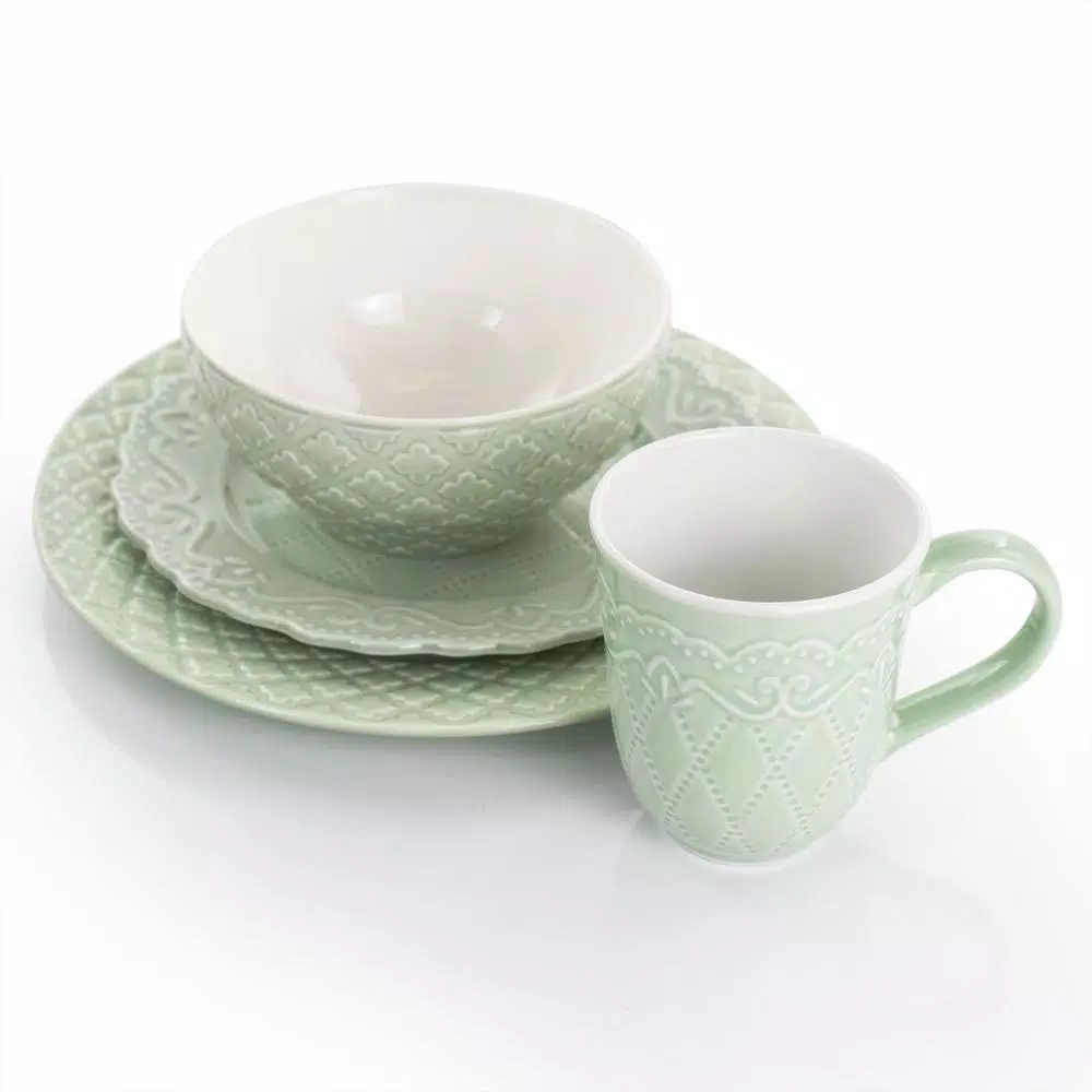Gibson Home Quilted Eyelet 16-Piece Fine Ceramic Dinnerware Set, Light Grey, Service for 4