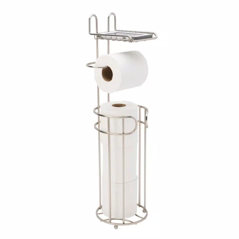 Bath Bliss Contemporary Freestanding Toilet Paper Holder with Built-in Phone Shelf and 4-Roll Storage, Satin