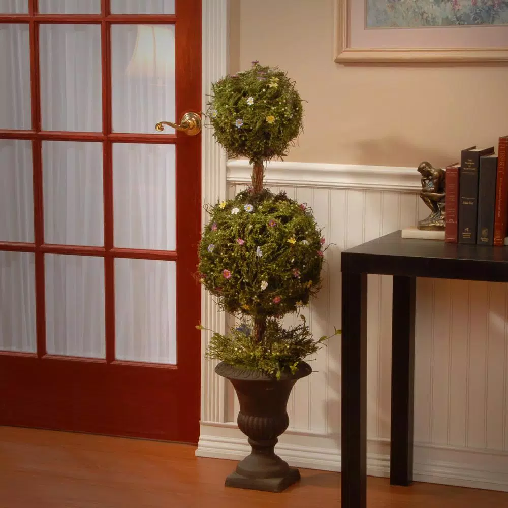 National Tree Company 45 in. Artificial Two-Ball Spring Topiary Tree with Decorative Urn Base