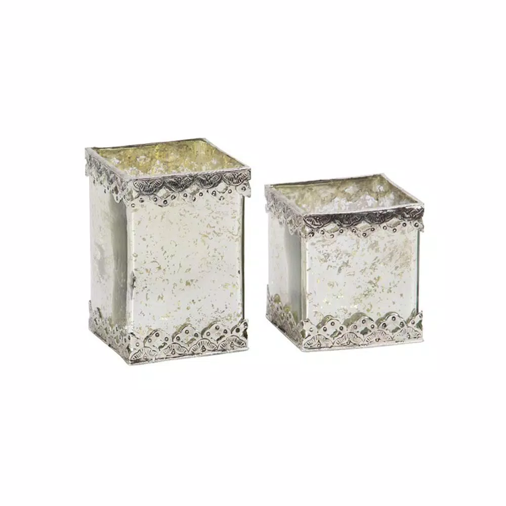 LITTON LANE White Cuboid Glass Candle Holders with Silver Ornate Details, Set of 2