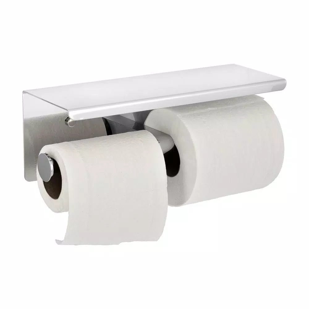 Alpine Industries Double Post Toilet Paper Holder with Storage Shelf, Chrome Finish