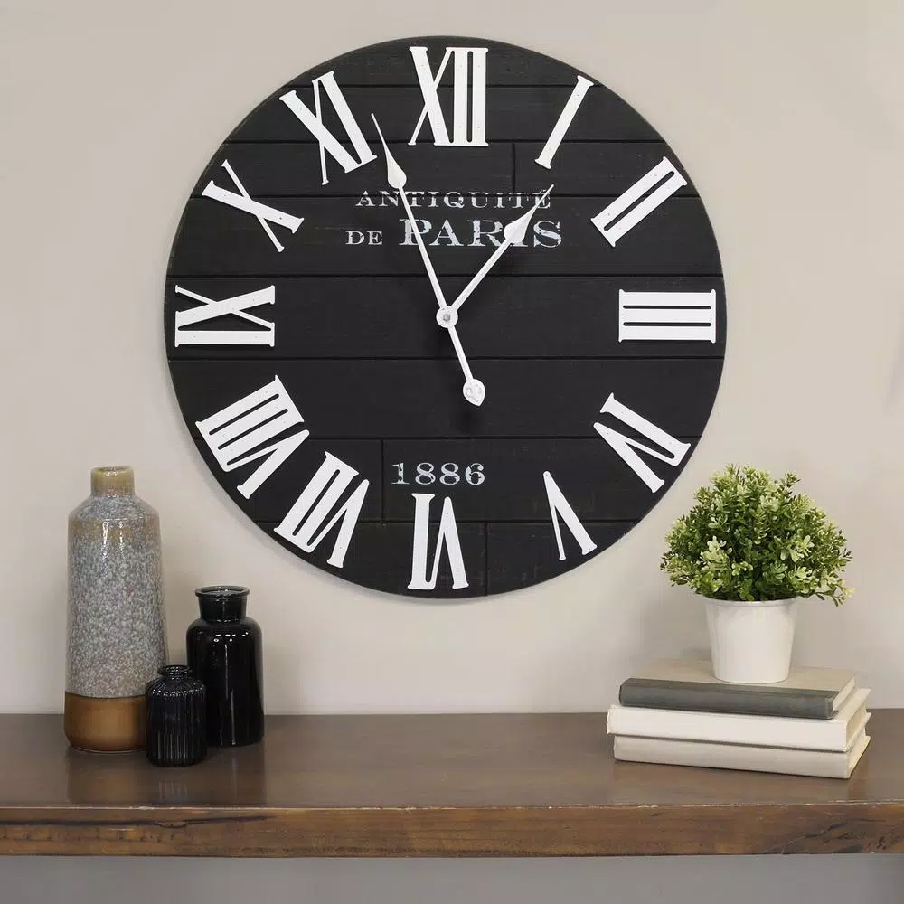 Stratton Home Decor 24 in. Vincent Black and White Wood Wall Clock