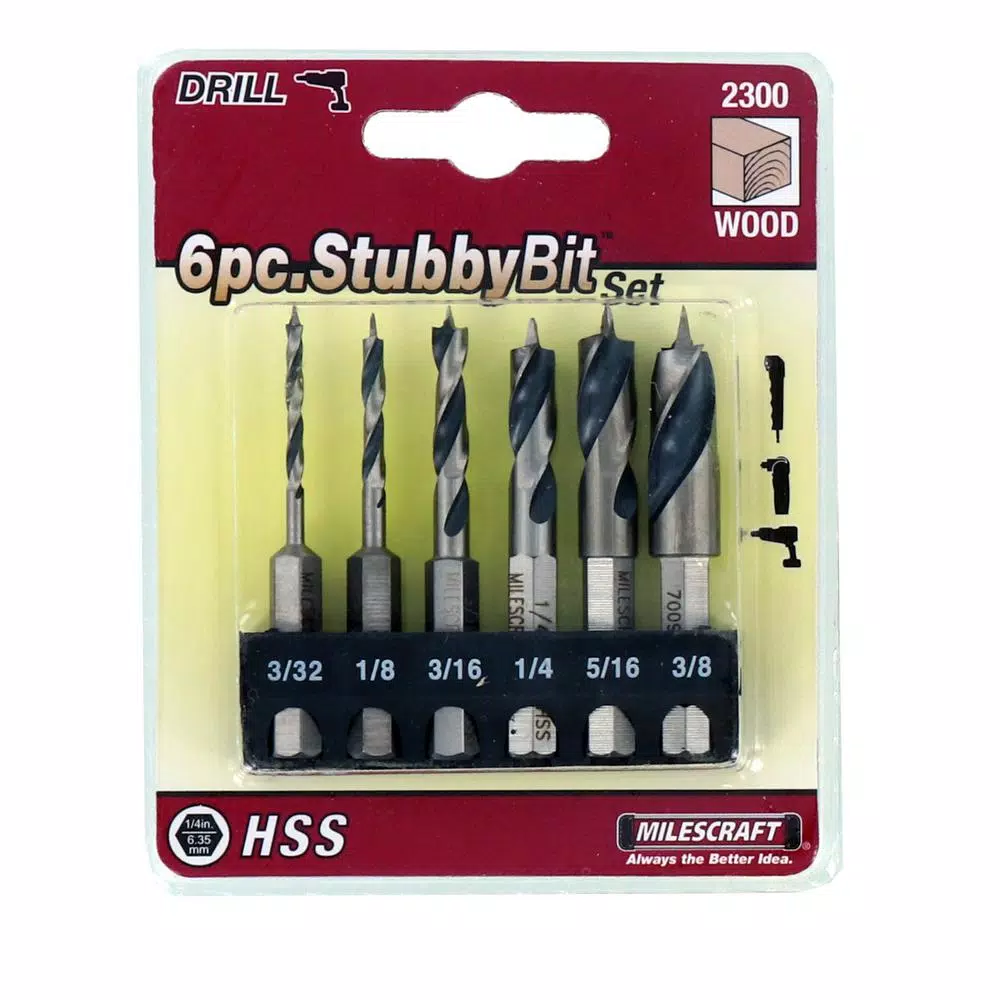 Milescraft 6-Piece Wood Stubby Bit Set with 1/4 in. Hex Shaft, High Speed Steel Brad Point Bits