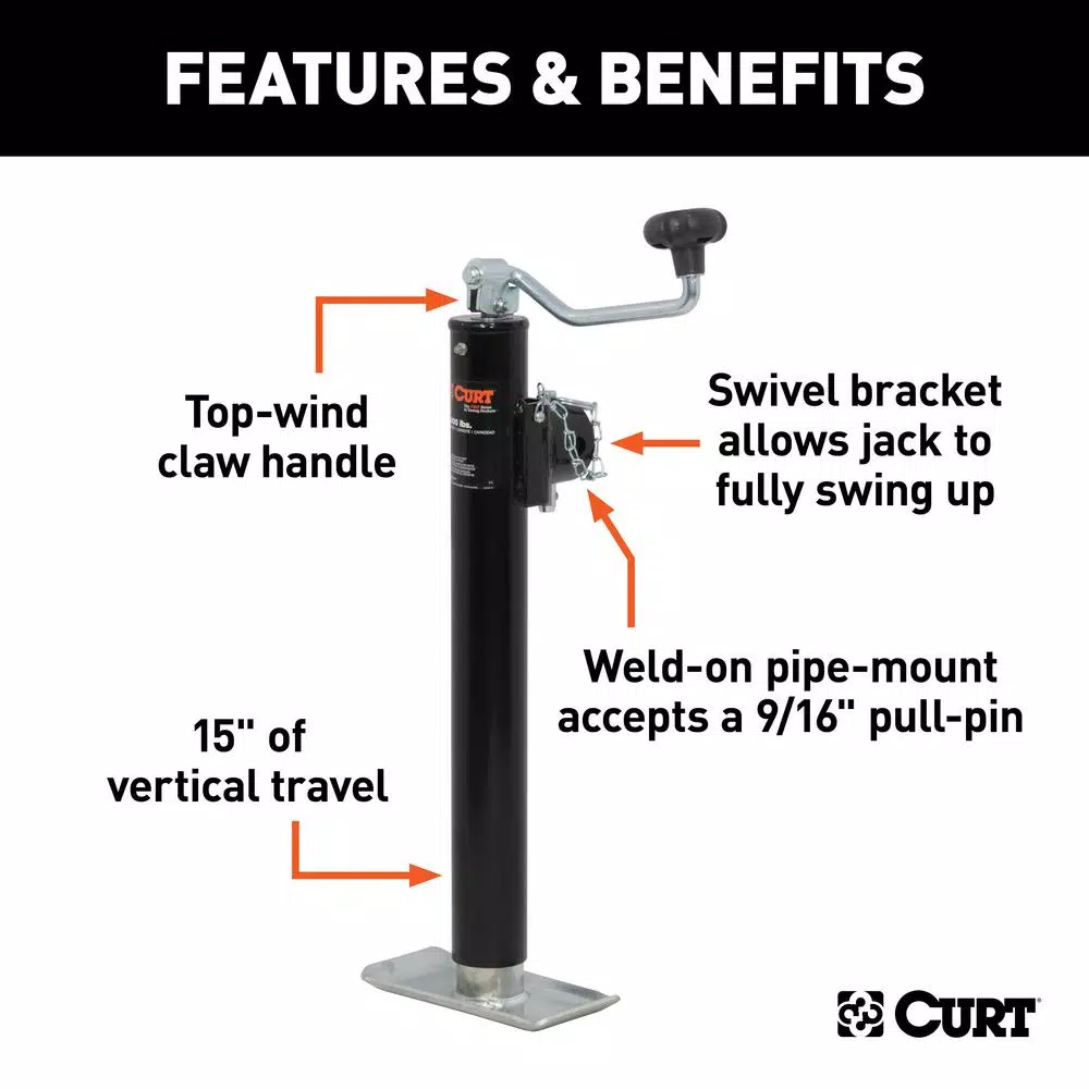 CURT Pipe-Mount Swivel Trailer Jack with Top Handle, 5,000 lbs. Capacity, 15 in. Travel