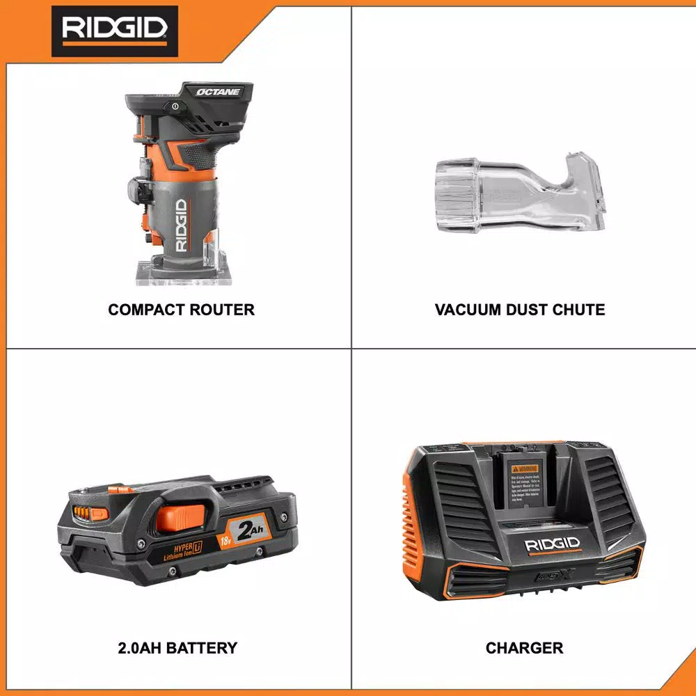 RIDGID 18V OCTANE Brushless Compact Fixed Base Router Kit with 2.0 Ah Battery and Charger