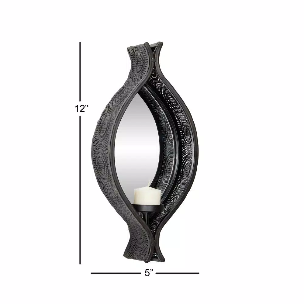 LITTON LANE Eclectic Black Metal Mesh Ellipse Wall Sconces with Mirror Inlays, Set of 2