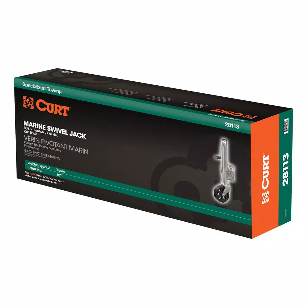 CURT Marine Trailer Jack with 6" Wheel, 1,200 lbs Capacity, 10" Travel, Zinc Finish