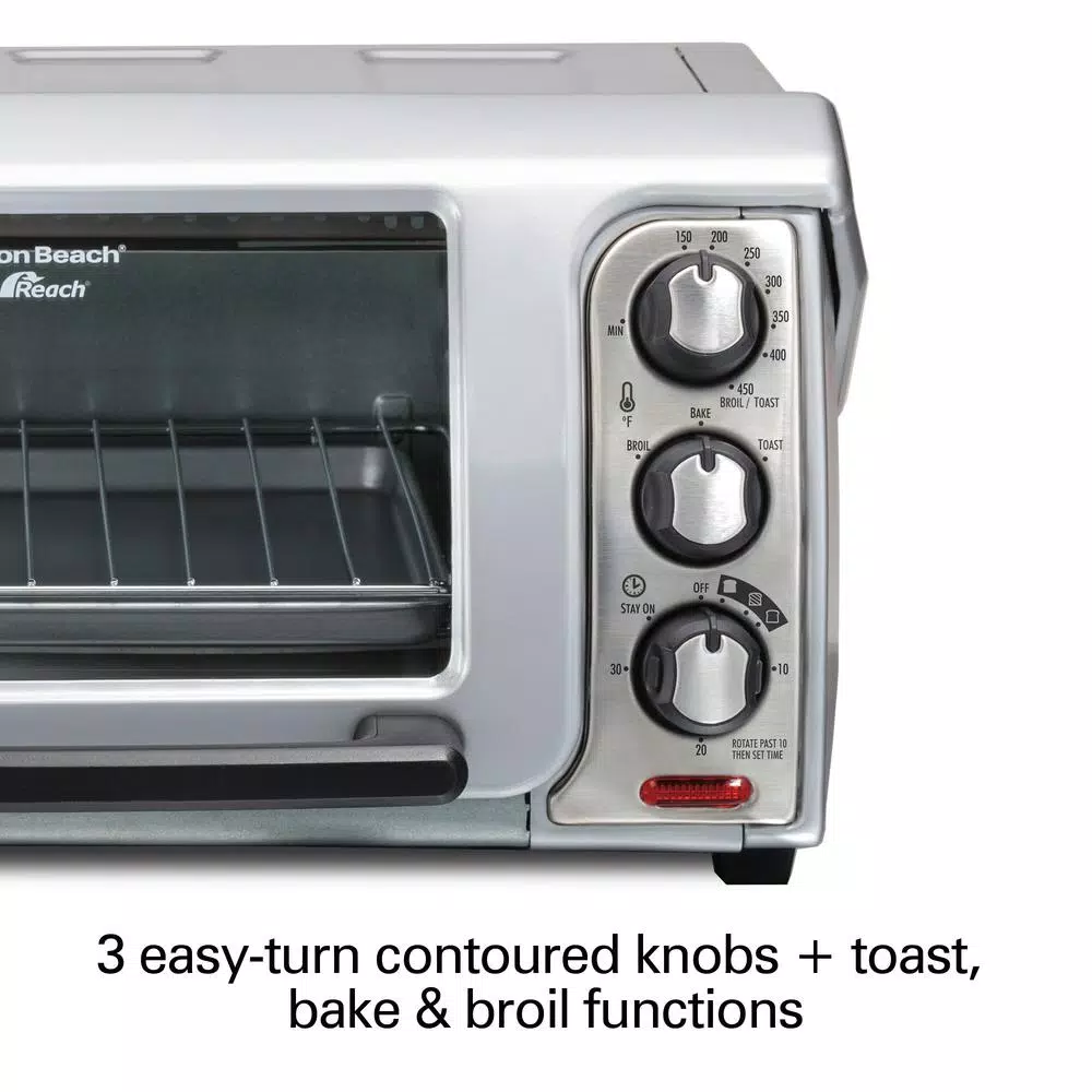 Hamilton Beach Easy Reach 1200W 4-Slice Silver Toaster Oven with Roll Top Door