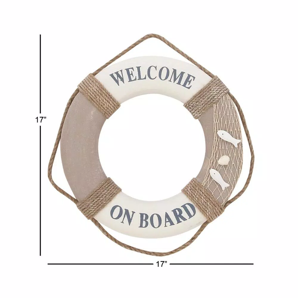 LITTON LANE 16 in. Coastal Living Decorative Life Ring Wall Decor - White & Brown Nautical Lifebuoy with Rope Hanger