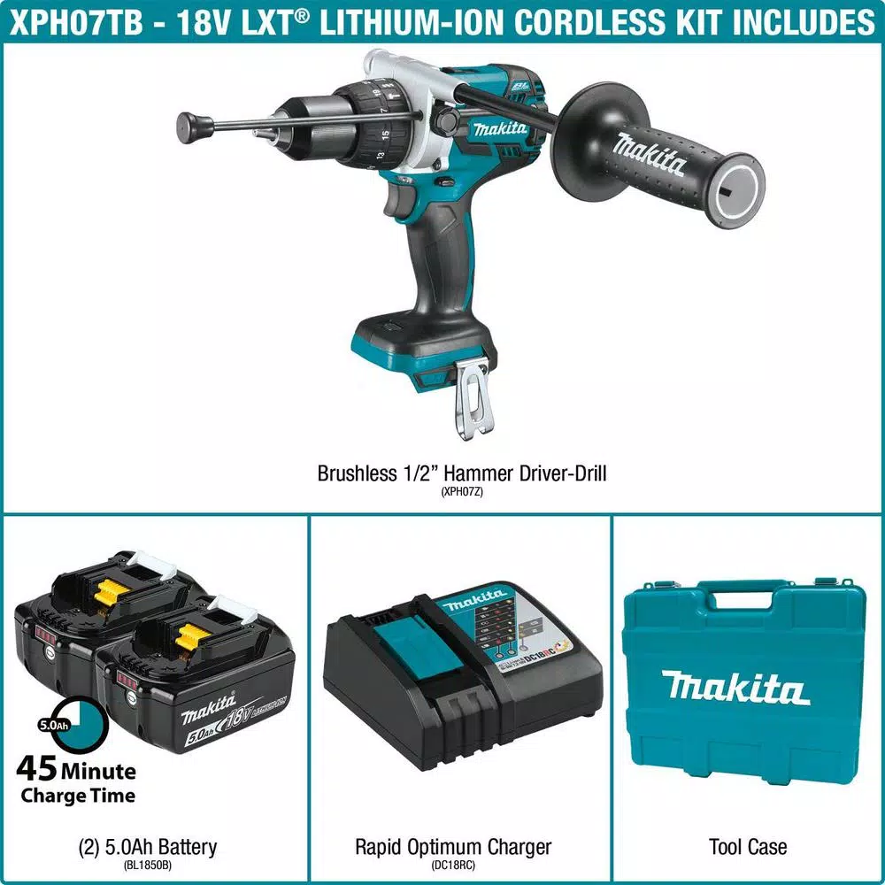 Makita 18V LXT Brushless 1/2 in. Cordless Hammer Drill Kit with (2) 5.0 Ah Batteries, Charger, and Hard Case