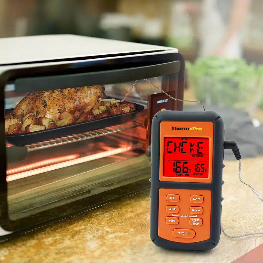 ThermoPro TP-06 Digital Meat Thermometer with Color-Changing LCD, Probe, and Timer - Orange