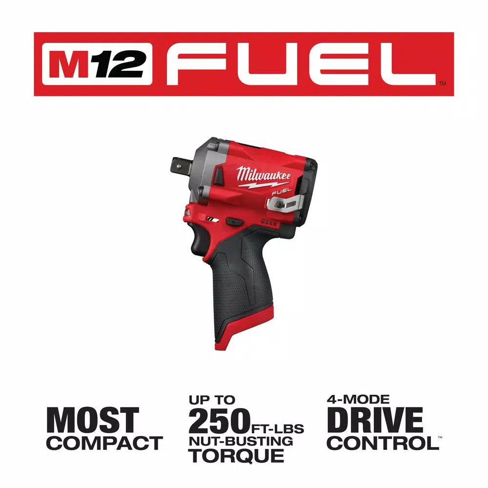 Milwaukee M12 FUEL 12V Brushless Cordless 1/2 in. Stubby Impact Wrench with Pin Detent (Tool-Only)