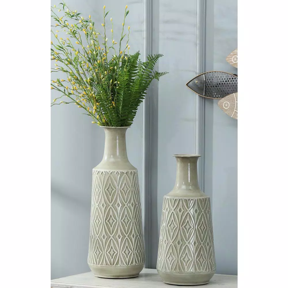Winsome House 2-Piece Green-Gray Metal Damask Urn Vase Set