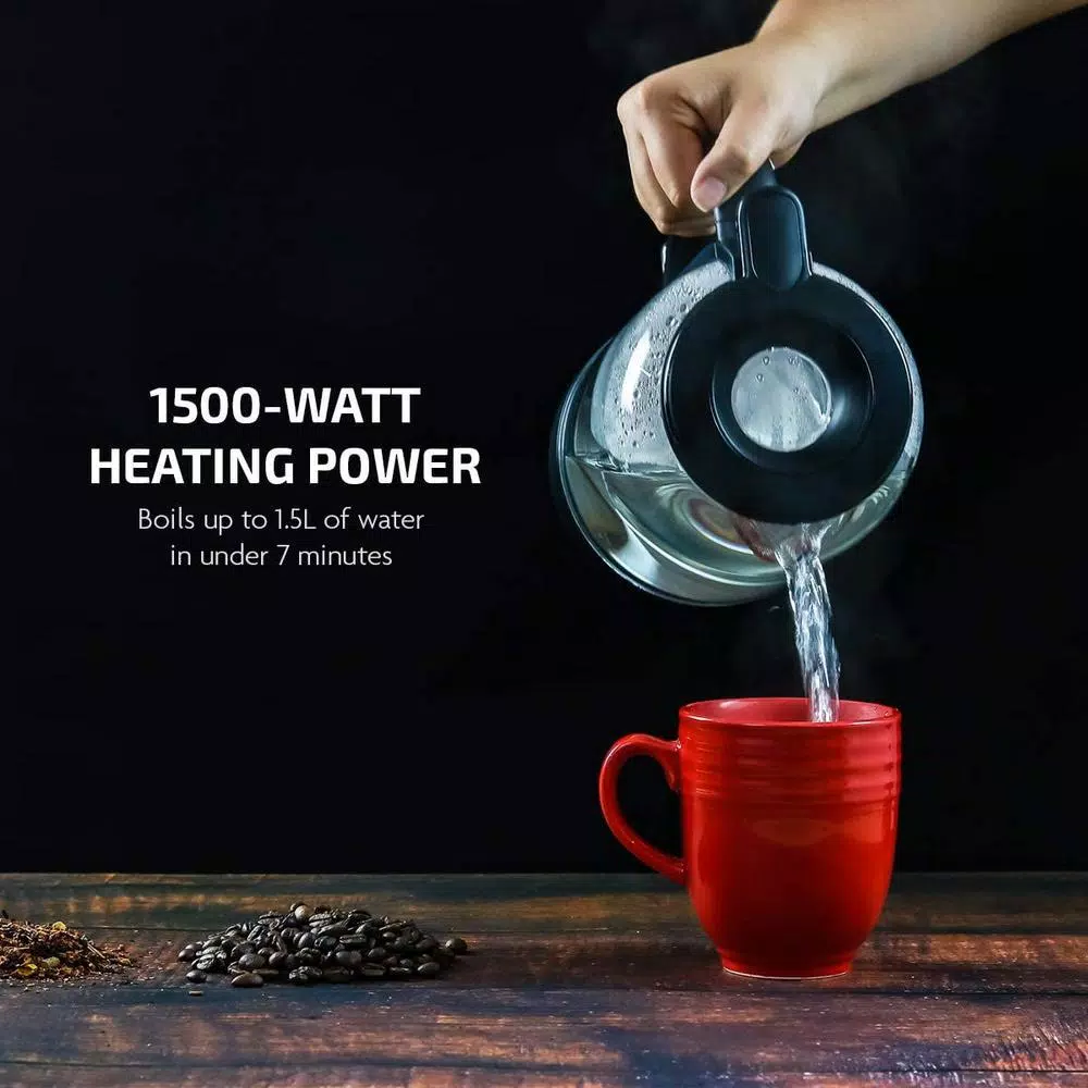 Ovente 1.5L Glass Electric Kettle with ProntoFill Technology, 1500W, Black