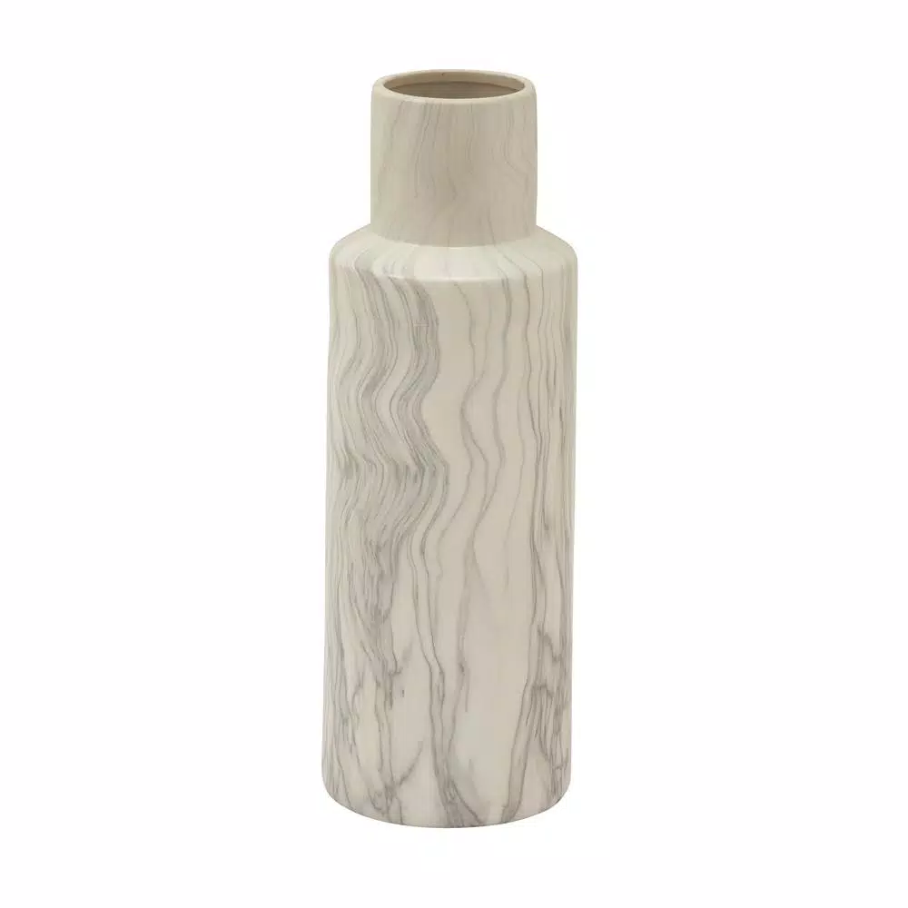 LITTON LANE 21 in. Classic Marble Cylinder White Ceramic Decorative Vase with Gray Veining