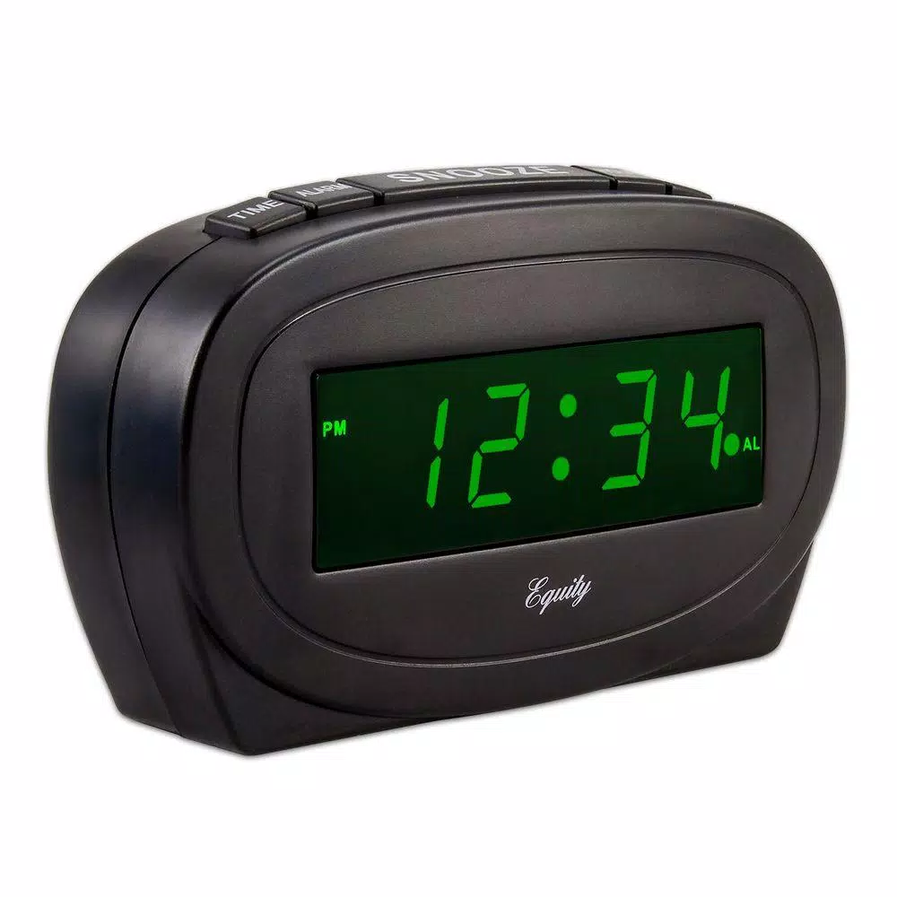 Equity by La Crosse Digital 0.60 in. Green LED Electric Alarm Table Clock with Snooze - Black