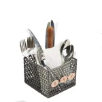 Mind Reader Black Metal 4-Compartment Utensil Basket with Wood Handle - Flatware & Cutlery Organizer thumbnail 3