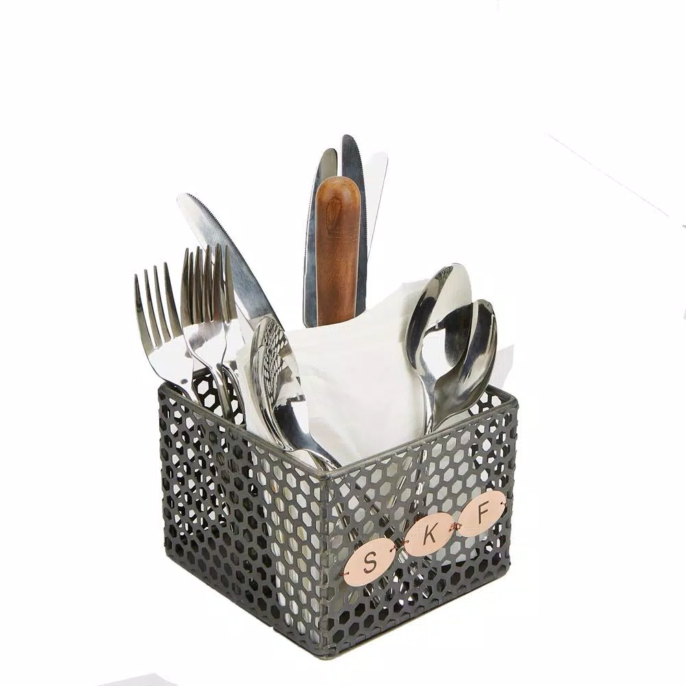 Mind Reader Black Metal 4-Compartment Utensil Basket with Wood Handle - Flatware & Cutlery Organizer