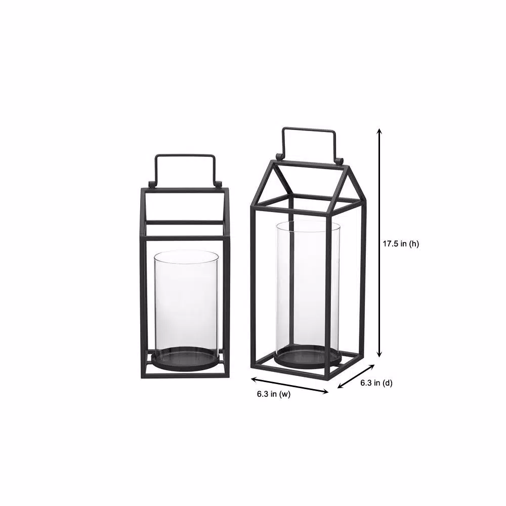 StyleWell Black Metal and Glass Candle Lantern Set of 2, Hanging or Tabletop