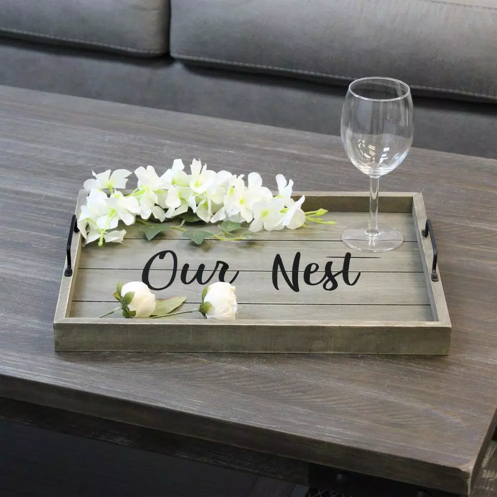Elegant Designs Our Nest Rustic Gray Wooden Decorative Serving Tray with Black Metal Handles