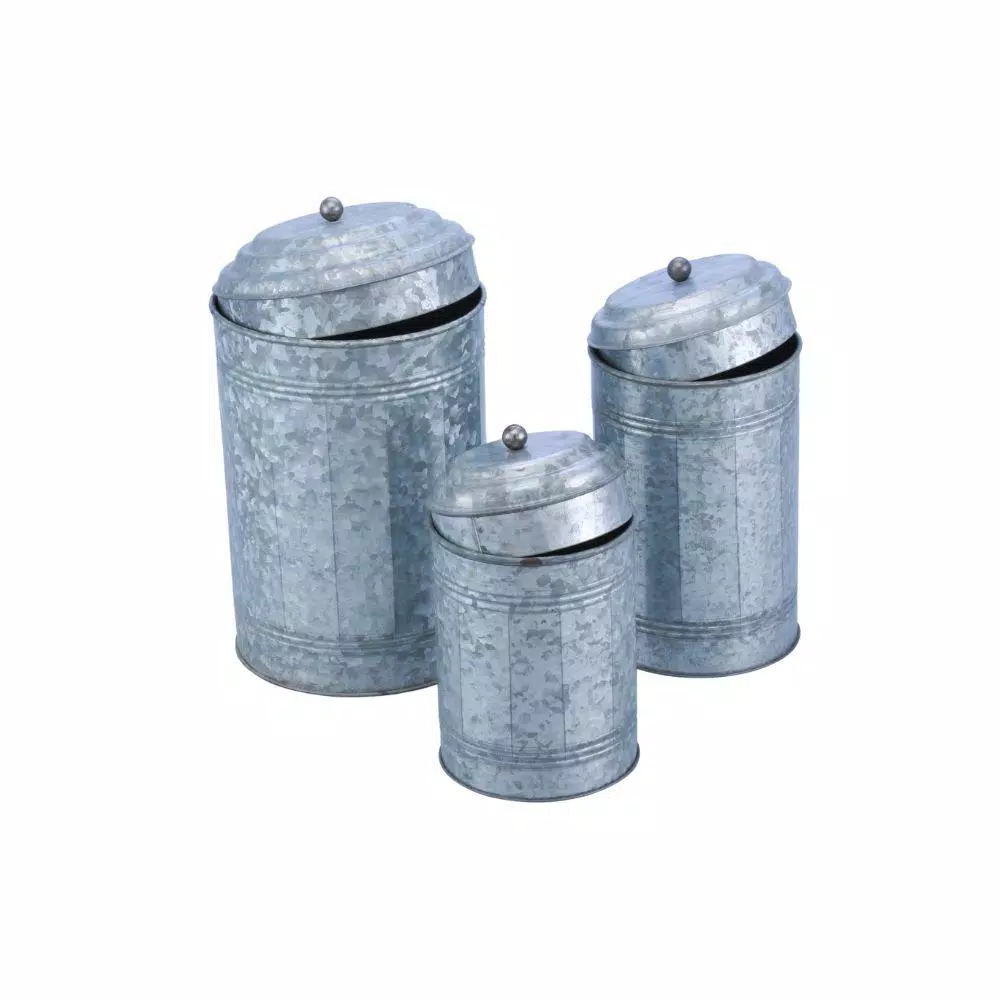 Benzara 3-Piece Rustic Galvanized Metal Kitchen Canisters Set - Distressed Gray Farmhouse Storage Jars
